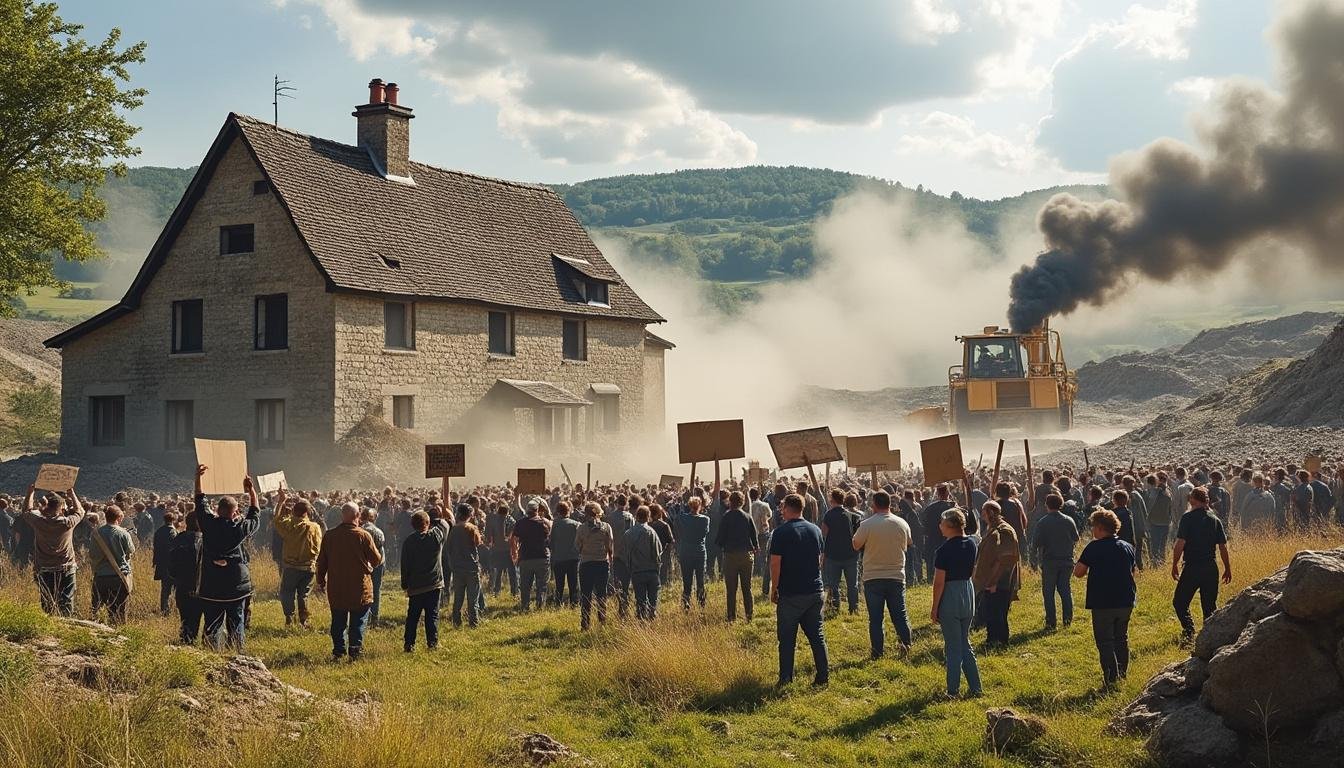 en anjou, les habitants s'unissent pour s'opposer fermement à l'agrandissement d'une carrière de pierre, craignant que leurs maisons ne tremblent sous l'impact des travaux.