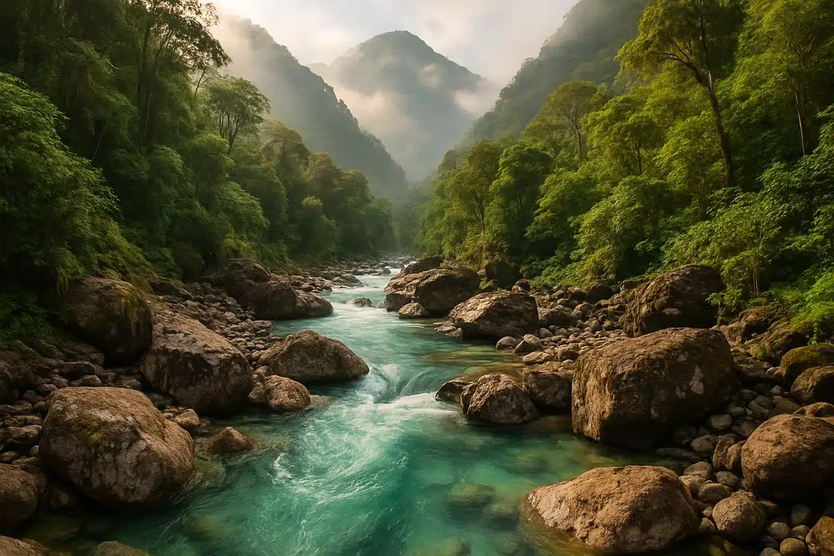 Paysage du Río Irquis en Équateur avec eaux turquoise traversant vallée andine entourée forêt nuageuse