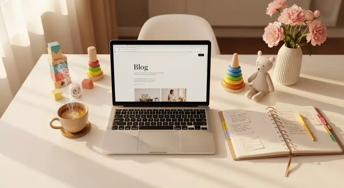 Espace de travail organisé de maman active avec ordinateur portable, jouets et café - maman a louest com