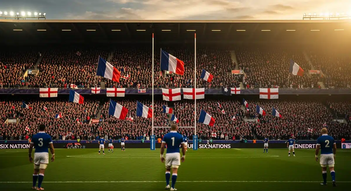 Stade de rugby bondé lors du match France Angleterre rugby avec drapeaux tricolores et anglais