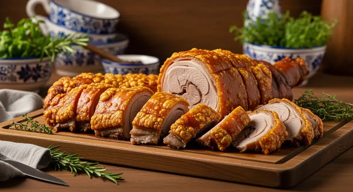 Leitão bairrada traditionnel portugais doré et croustillant sur planche en bois rustique