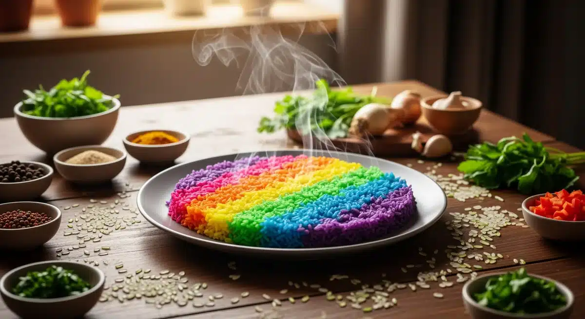 Pride rice aux couleurs arc-en-ciel disposé en couches colorées sur table en bois rustique