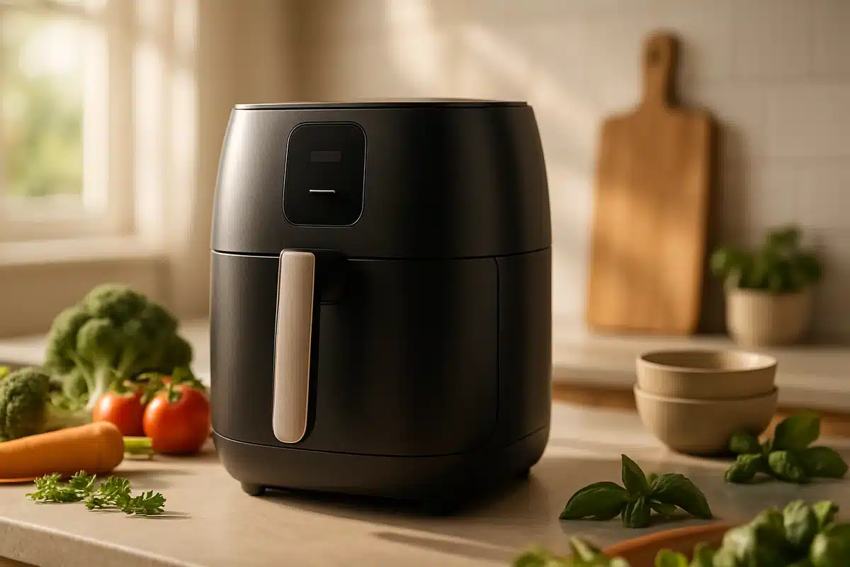 ```json { "altText": "Airfryer moderne sur plan de travail avec ingrédients frais pour illustrer les critères d'achat", "caption": "Un airfryer de qualité professionnelle entouré d'ingrédients frais, prêt à transformer votre cuisine quotidienne.", "description": "Cette image présente un airfryer contemporain installé sur un plan de travail épuré, accompagné de légumes frais et d'herbes aromatiques. Elle illustre parfaitement les critères essentiels à considérer avant l'achat d'un airfryer : design, capacité et polyvalence d'utilisation. L'atmosphère chaleureuse et professionnelle met en valeur cet appareil devenu incontournable dans les cuisines modernes." } ```